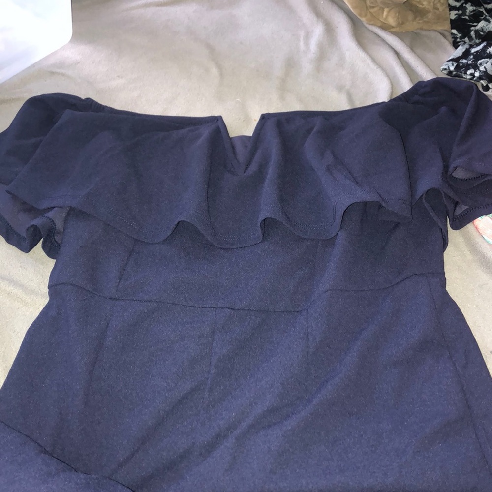 Blue shoulder-less jumpsuit
